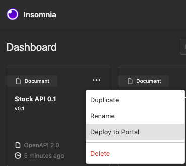 Insomnia Dashboard Deploy Spec to Portal